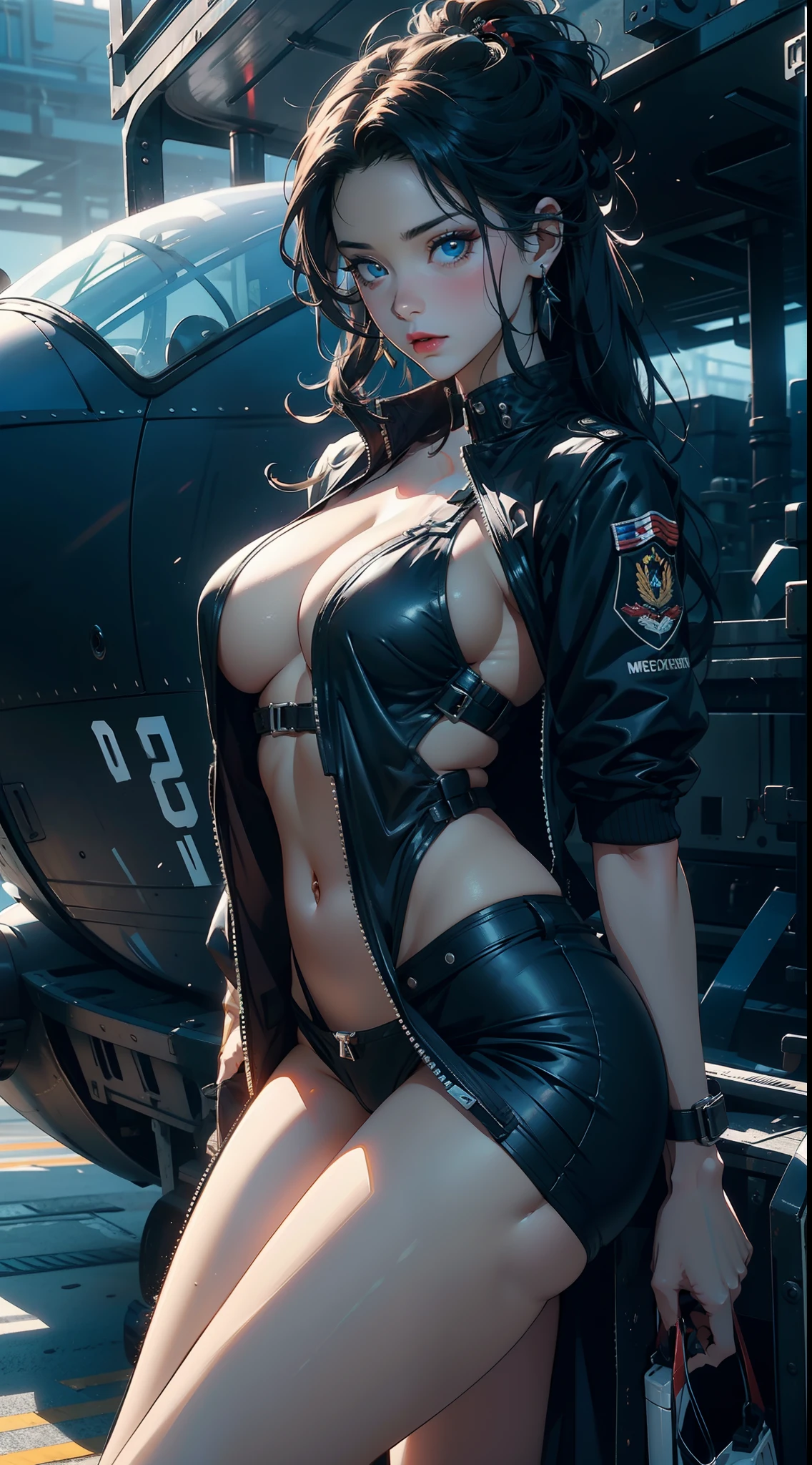 1mujer,35yo,plomada,pecho extremadamente grande, solo,(Antecedentes con:Maquinaria enorme,droide,aerodrome,Aviones,Huge mechanical armor,) Tiene el pelo negro muy corto,Cabeza BOBO,Stand on the plane,,visto de frente, cabello lacio, cielo mayormente nublado,(((tmasterpiece),(fondo de pantalla muy detallado de CG Unity 8k),Mejor calidad,Cinmatic Lighting,Background detallado,hermosos ojos detallados,pupilas brillantes,ojos azules,Piel blanca como la nieve,Labio rojo(muy fino y hermoso),(Beautiful and detailed eye description),Ultra - detallado,tmasterpiece,))staring at the camera,A high resolution,Ultra - detallado),Revelando los senos,Genitals only, protuberancia,legs are open,Criado sexy,Dedos de camello,tez enrojecida,Desire for dissatisfaction,Fachada,British Air Force,aviador,Gorra de oficial(Vistiendo:chaqueta blazer,frac,Blusa color blanco,una pajarita negra,pantimedias negras,Bordado de alambre de oro,Pechos desnudos)Estilo Cyber Punk