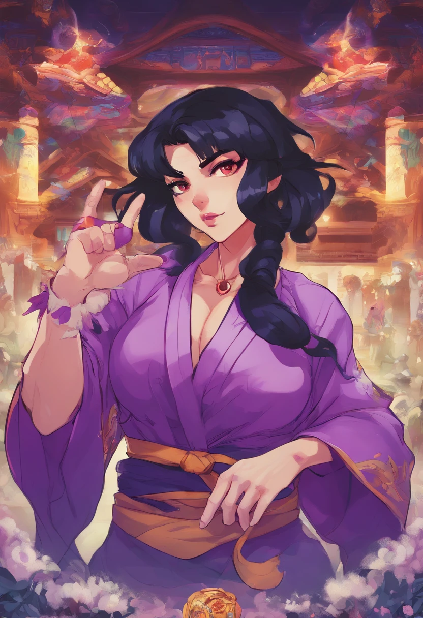 Wearing(（purpleish color）Robe，（Snow white）Collar)Beautiful woman with black hair，Barefoot，（Nine-tailed fox girl，(No animal ears））（The background is a huge light and shadow），Suggestive pose