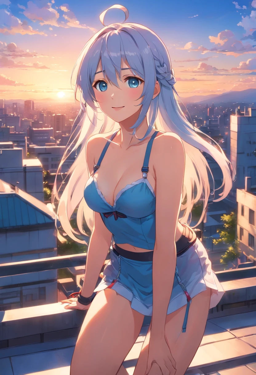 Long hair, Blushing face, Blue eyes, Navel, Silver hair, White hair, multicolored hair, Two-tone hair, liquid hair, corsets, Garter Belt, Stockings, breats, braid, Navel, ((Magazine Cover)), Upper body、Doya face、On the rooftop、Sunset sky、A smile、Doya Face Pose、gloss lips、Magnificent sky views