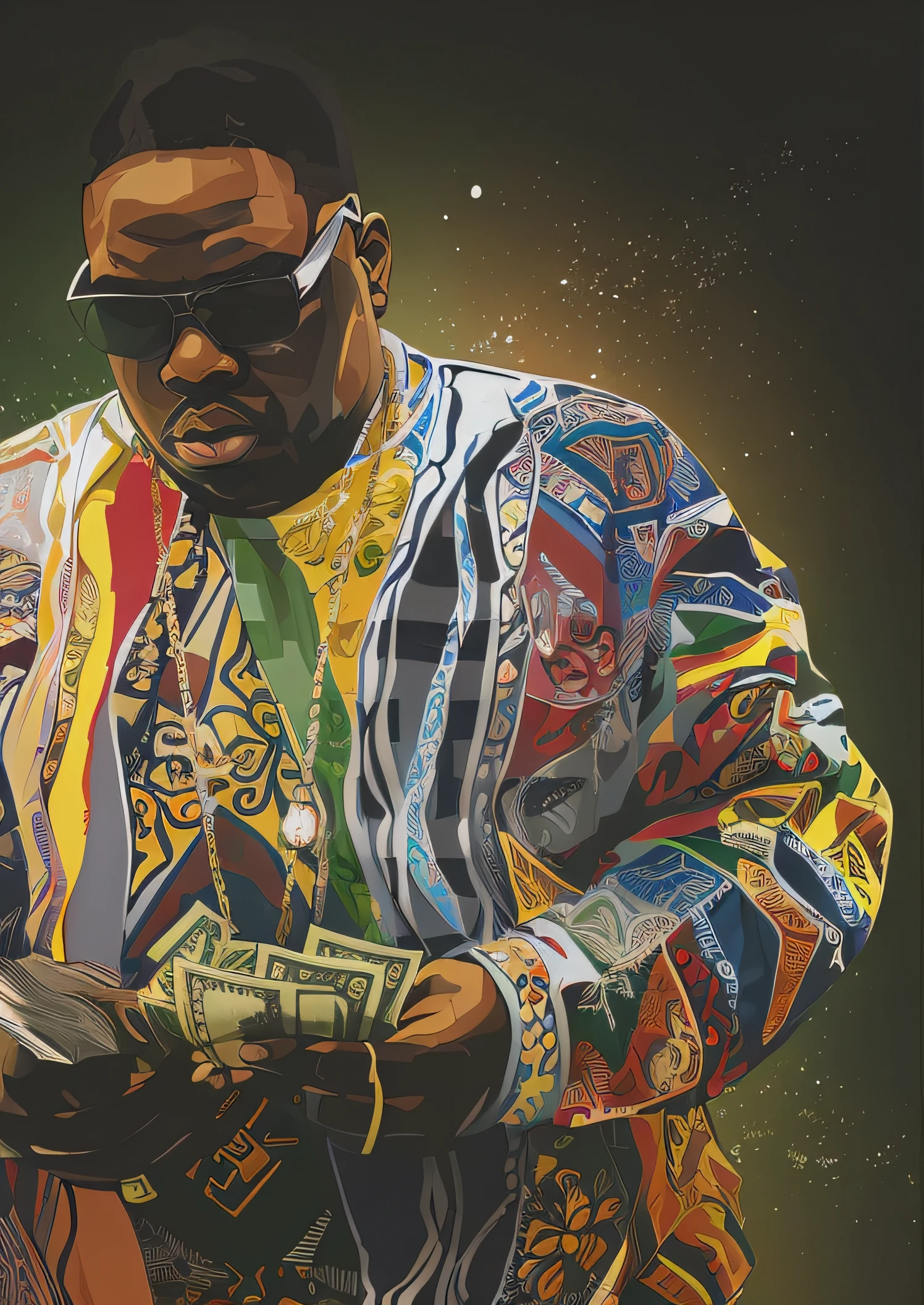 There was a man with a pile of money in his hand, notorious big, notorious b i g, in style of digital illustration, GTA V artwork style, full art illustration, epic full color illustration, detailed digital artwork, Epic portrait illustration, high detail iconic character, art cover illustration, highly detailed digital artwork, Highly detailed digital art, gta art