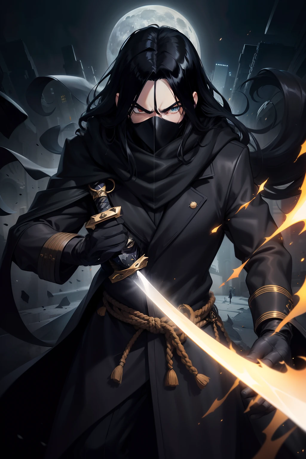 black mask male character (long wavy hair),(black hair),(((black mask))),(heavy black scarf),(stare gaze),(((black overcoat))),(moonlit night),(tanned skin tone), (holding a katana),(Beautiful face 8k),(floor),(spectators),(light environment),(fighting move),((speed)), hand-drawn anime style, dynamic, full length, quality of animation, anime icon, looking at face camera, 8k, full length, best background, masterpiece, awesome titles, ultra HD, insane title, perfect hands