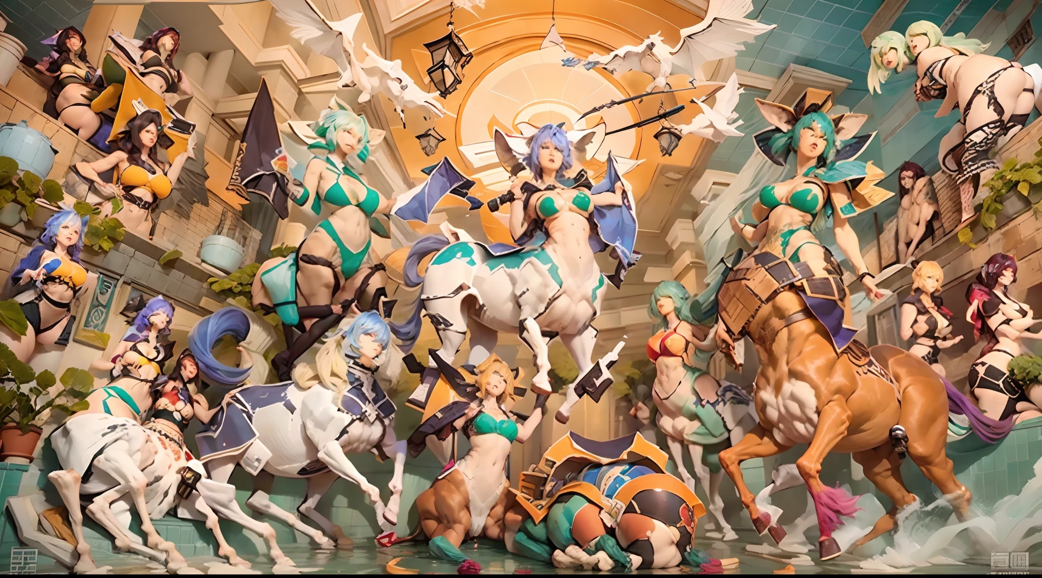 In the beautiful illustration of this super-grand scene,The ultra-long-range lens is shown(Over eight unique centaur characters:9.9),They all have their own characteristics,Vivid and interesting。Radiant angelic centaurs from the heavenly realm,To the hellish centaurs surrounded by nightmarish flames,And then to the Wind Fairy Centaur dancing in the air,There are also one-horned centaurs surrounded by thunder and lightning,and mechanical centaurs that shine with metallic light,And then to the powerful dragon centaur with colored dragon scales covering the whole body,The elegant and agile elf centaur always wears a flower crown with its slender graceful lines,Enchanting and charming Tiflin centaurs。Each character has their own unique charms and abilities。The illustration uses advanced artistic techniques and tools,(Divide the scene into sections by geometric arrangement:9.9),Each section corresponds to a centaur character,This makes more efficient use of space。Through Midjourney's advanced brush tools、Color palette、Material packs and model packs,For each centaur, beautiful props are designed to increase racial characteristics、Clothing and physical features,Enhances the character's personality and visual appeal。The scenery in the illustrations is stunning,There are changing skies、rainbowing、extreme light、Stars and Moon。Incorporating iconic landmarks such as Mount Everest,and fireworks、tranquil lake、Natural and urban elements of waves and neon lights,Creates a magical atmosphere。The centaurs display their unique abilities and equipment in a variety of environments,This is true even in extreme alien landscapes。(Use Midjourney's tools、Material packs、Texture tools、The color palette makes depicting details vivid and realistic:9.9),From complex hairstyles and as well as different racial traits、Body、Appearance features、Clothing to real textures,This greatly enhances the realism of the characters and surroundings。The fusion of multiple art styles adds movement to the centaur's