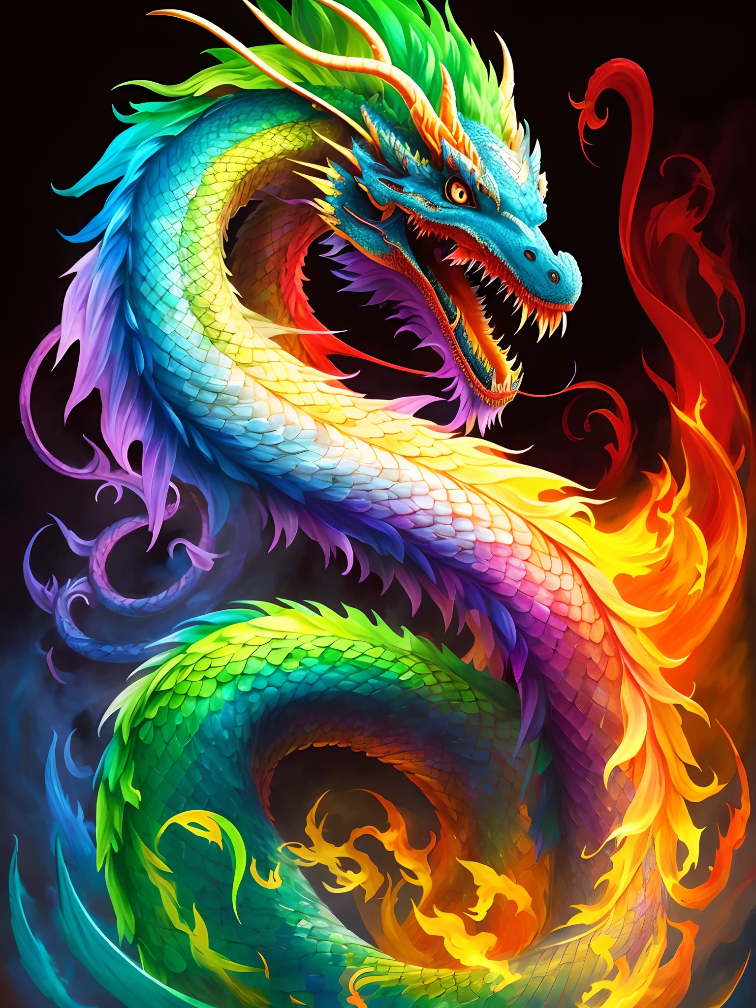 Colorful dragon with long tail and long tail, Dragon Art, cyan chinese dragon fantasy, fire flaming dragon serpent, ''dragon breathing fire, smooth chinese dragon, Chinese Dragon, phoenix dragon, highly intricate and colorful, fire flaming serpent, mythological creatures, oil painting of dragon, colorful intricate masterpiece, dragon breathing fire, majestic japanese dragon, chinese dragon concept art