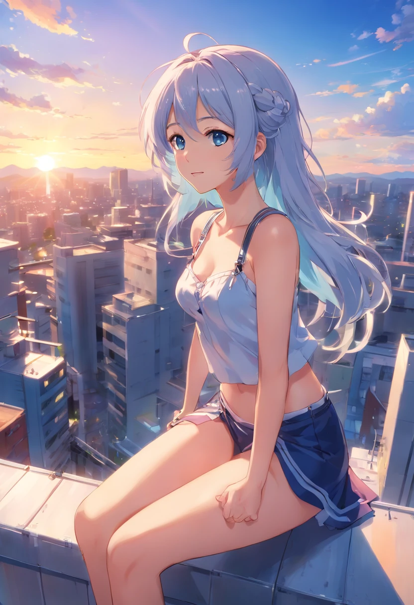 Long hair, Blushing face, Blue eyes, Navel, Silver hair, White hair, multicolored hair, Two-tone hair, liquid hair, corsets, Garter Belt, Stockings, breats, braid, Navel, ((Magazine Cover)), Upper body、Doya face、On the rooftop、Sunset sky、A smile、Doya Face Pose、gloss lips、Magnificent sky views、Looking at the camera、Angle from below