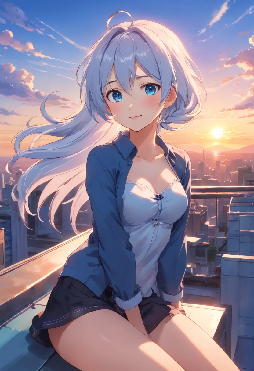 Long hair, Blushing face, Blue eyes, Navel, Silver hair, White hair, multicolored hair, Two-tone hair, liquid hair, corsets, Garter Belt, Stockings, breats, braid, Navel, ((Magazine Cover)), Upper body、Doya face、On the rooftop、Sunset sky、A smile、Doya Face Pose、gloss lips、Magnificent sky views、Looking at the camera、Angle from below