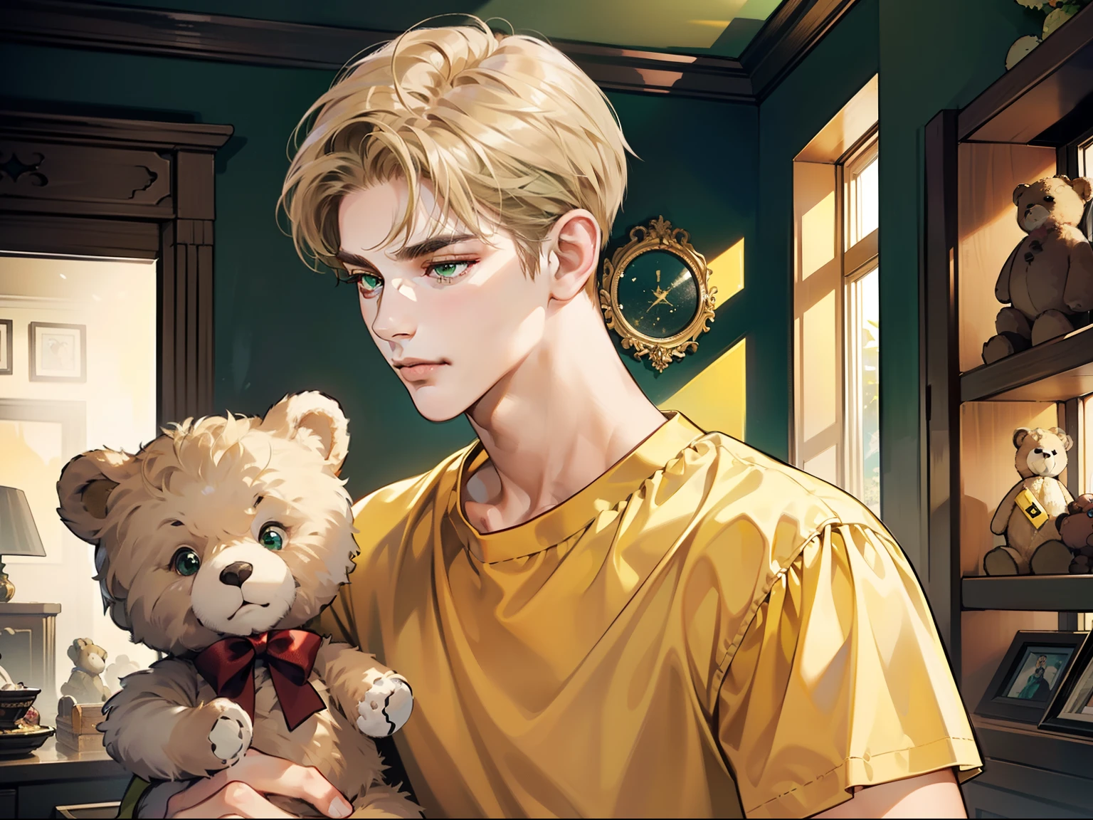 masterpiece, best quality, realistic, 1man, mature male, quiet and charming young man, 18 years old, close his eyes, closed mouth, extremely detailed face, a little distant, ((dark green eyes)), ((short-side-swept sandy blonde hair)), [thick eyebrows], 4k, holding a teddy bear, in a toy shop, (happy), ((Yellow shirt))