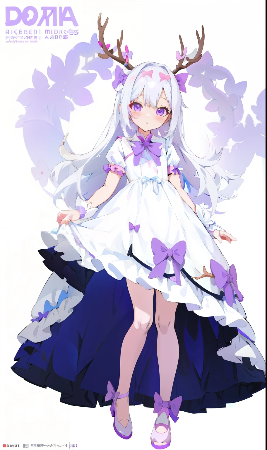 Anime girl wearing white dress,Purple bow, anime full body illustration, clear outfit design, full body adoptable, cute anime waifu in a nice dress, !! Full body portrait!!, pretty anime character design, Full body illustration, loli in dress, Anime vtuber full body model, my dress up darling anime, small curvaceous loli,deer antlers,Miss