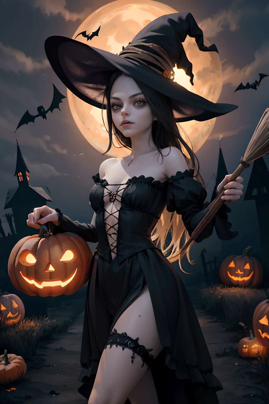2d Halloween witch flying in broom stick, Preteen fairy gothic Mila Kunis. dark spooky background, skeletons walking, trees without leaves, spooky atmosphere, Halloween pumpkins, Halloween, haunted