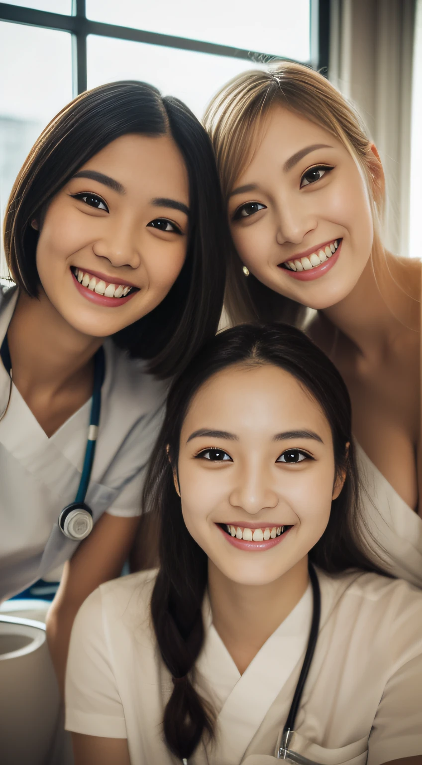 nurse、3 people、hiquality、A hyper-realistic、healthy、Smiling expression、Slender perfect figure、Japan beauties、Beautiful eyes、Beautiful skin、Hospital room、by the window、Bright lighting