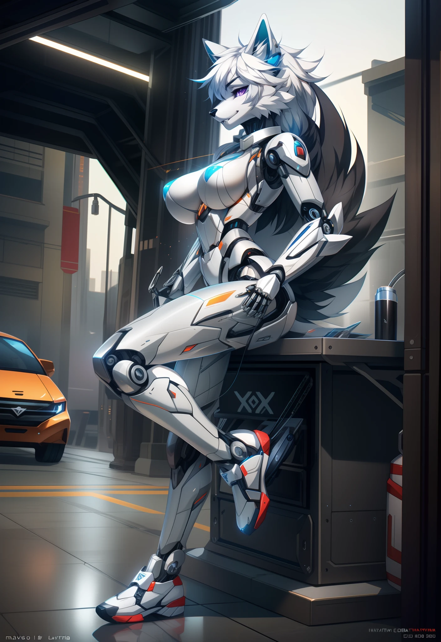 (((full body))),(By hyattlen, by fumiko, by claweddrip:1.2), solo, one girl, Cute white anthro furry wolf girl, female, white fur, white fluffy body, black nose, (cute snout:1.1), white fluffy tail, long white hair, simple solid purple eyes, highly detailed, canine teeth, (looking away:1.1), wearing black tank top, cut off black gloves, simple background, standing, neutral position, canine teeth, (((full body)))，Cute wolf girl, made of metal, (Cyborg: 1.1), ([Tail | Detail Wire]: 1.3), (Complex Detail), HDR, (Complex Detail, Ultra Detail: 1.2), Cinematic Shot, Masterpiece, Best Quality, High Resolution, Vaginal Foreign Object Insertion, Centering,Robot feet，((mecha sneakers))，android，(((((Robotic metal breasts)))))，(robotjoints)，(Robotic footwear)，Cool robot feet,robot leg,(Cyborg footwear)，((Robotic footwear)) ,(((Robotic breasts))),(((full body))),(((Robot full-body sexual suggestion)))
