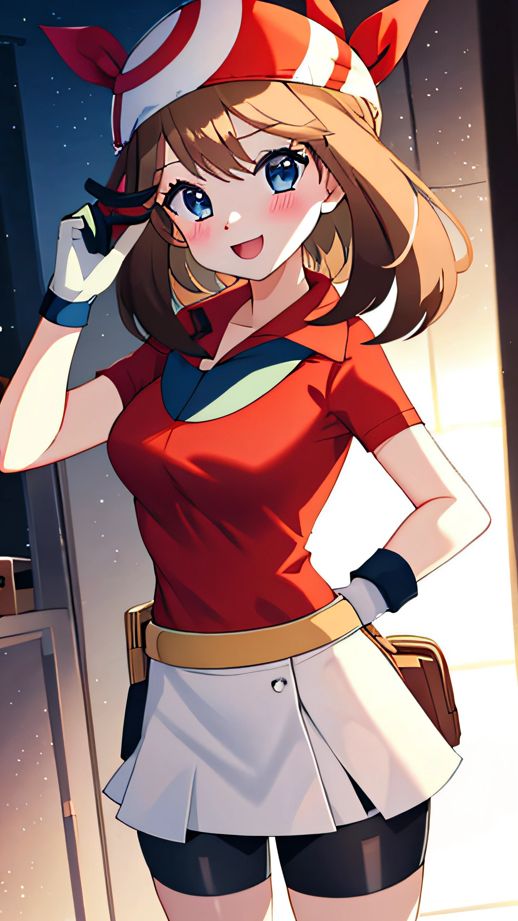 lumen reflections, Natural lighting, Evocative, Triad color schemes, Cowboy Shot, Elegant, Voluptuous:0.6, Looking at Viewer, 1girl in, Female, Solo, blush, Open mouth, Smile, tusk, SFW, May, Brown hair, Medium Hair, Blue eyes, bandana, Red bandana, Shirt, Red Shirt, Short sleeve shirt, Skirt, White skirt, Mini skirt, Shorts, Dark blue shorts, Bicycle Shorts, Shorts under skirt, gloves, White Gloves,Angle from behind,Angle over the shoulder,stick out buttocks