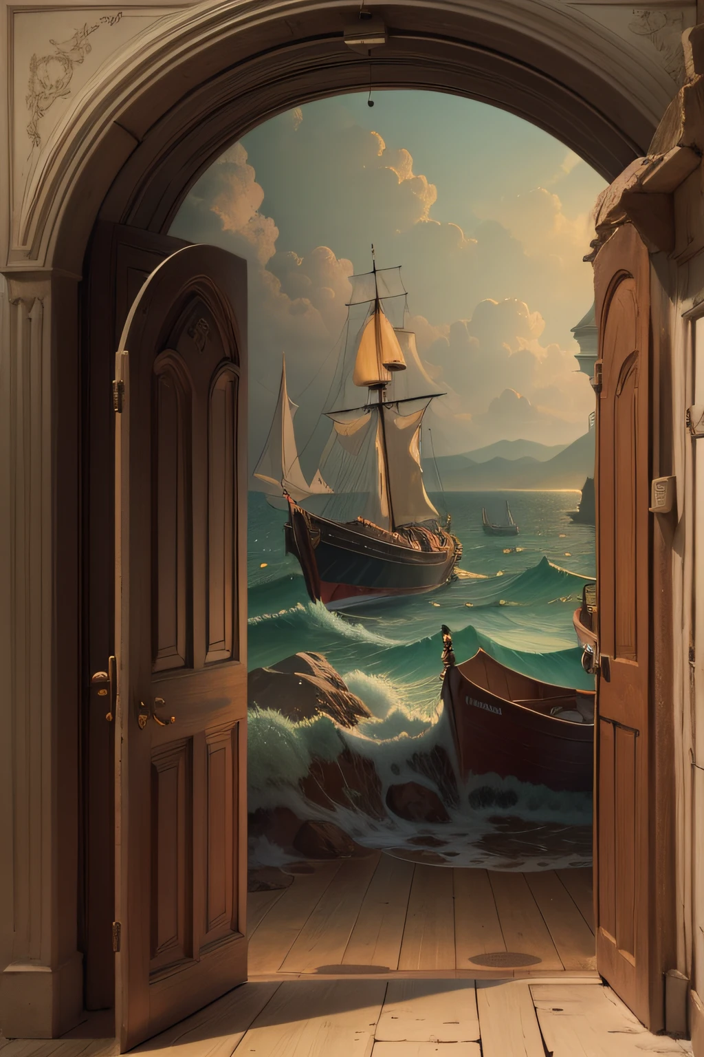Sea landscape with boats seen through a tall, rounded door