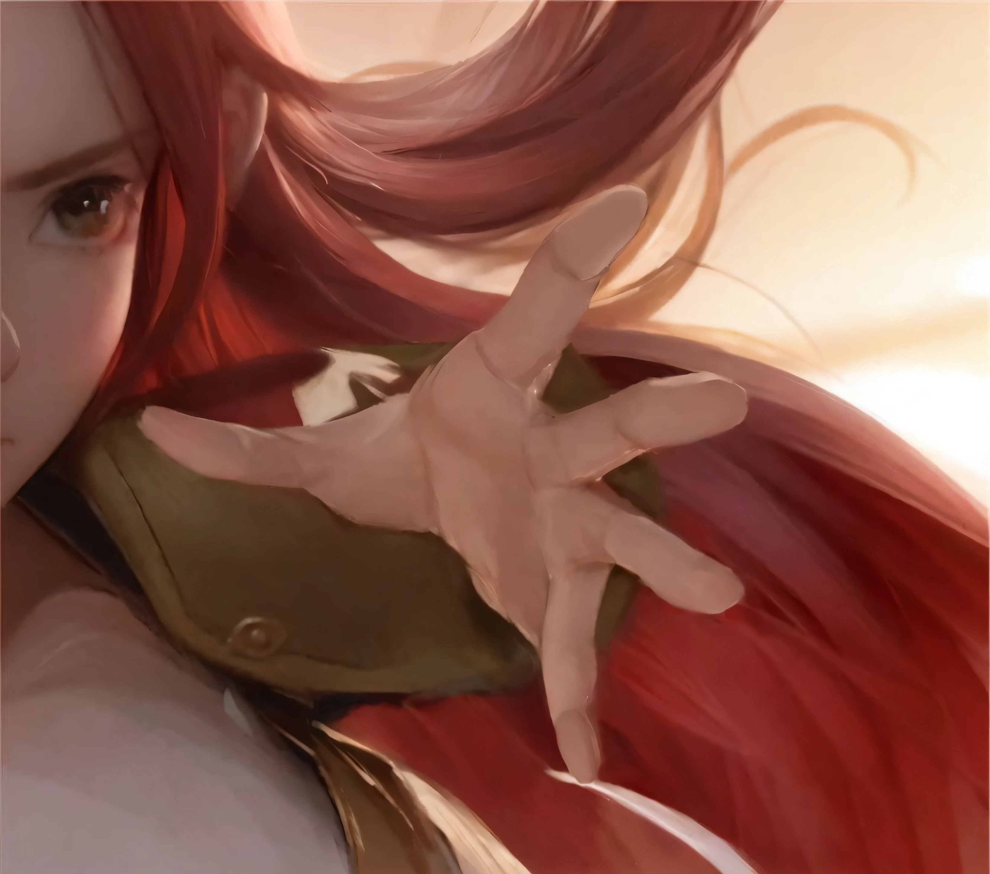 Red long-haired,There is an open left hand next to the shoulder,of anime girls, krenz cushart and artgerm, wlop and krenz cushart, Artgerm and Ruan Jia, Artgerm and Atey Ghailan, inspired by Krenz Cushart, Ruan Jia and Artgerm, artgerm detailed