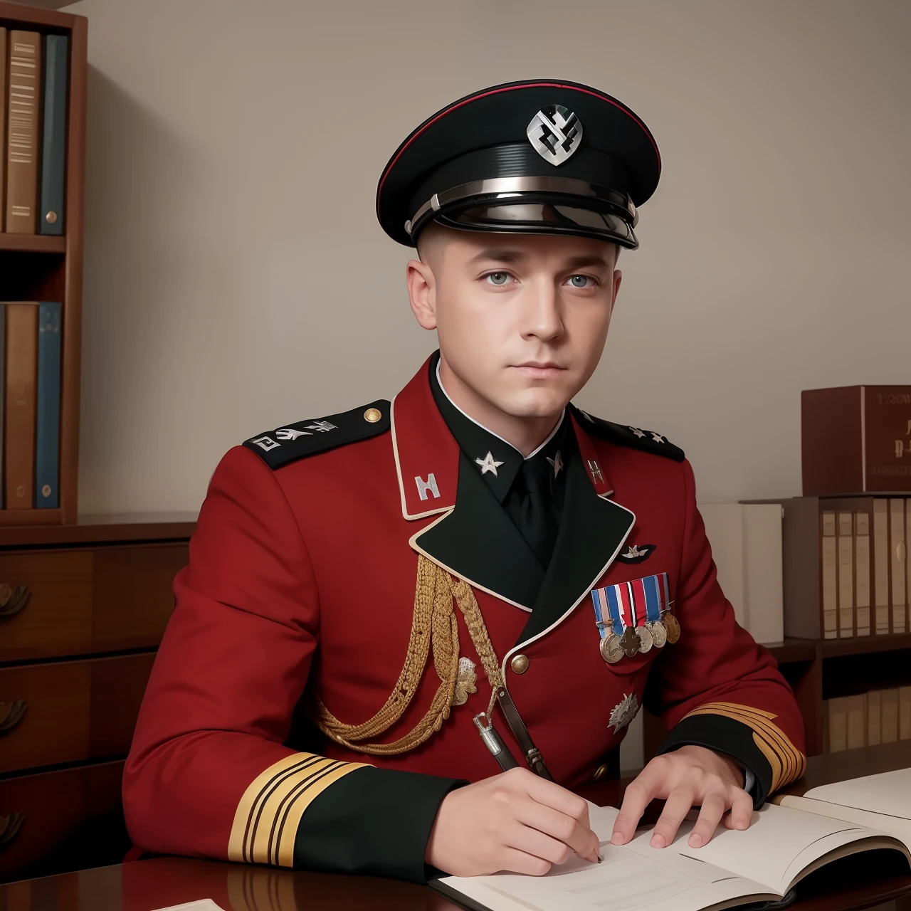 German Strasserist dictator, arafed young man in military uniform sitting at a desk with a book, hearts of iron portrait, portrait of a mad general, hearts of iron portrait style, world war 2 portrait photo, wearing a general\'s uniform, by Juergen von Huendeberg, sergey zabelin, by Aleksander Gierymski, victor antonov, great German Reich map at the background, red white colour palette
