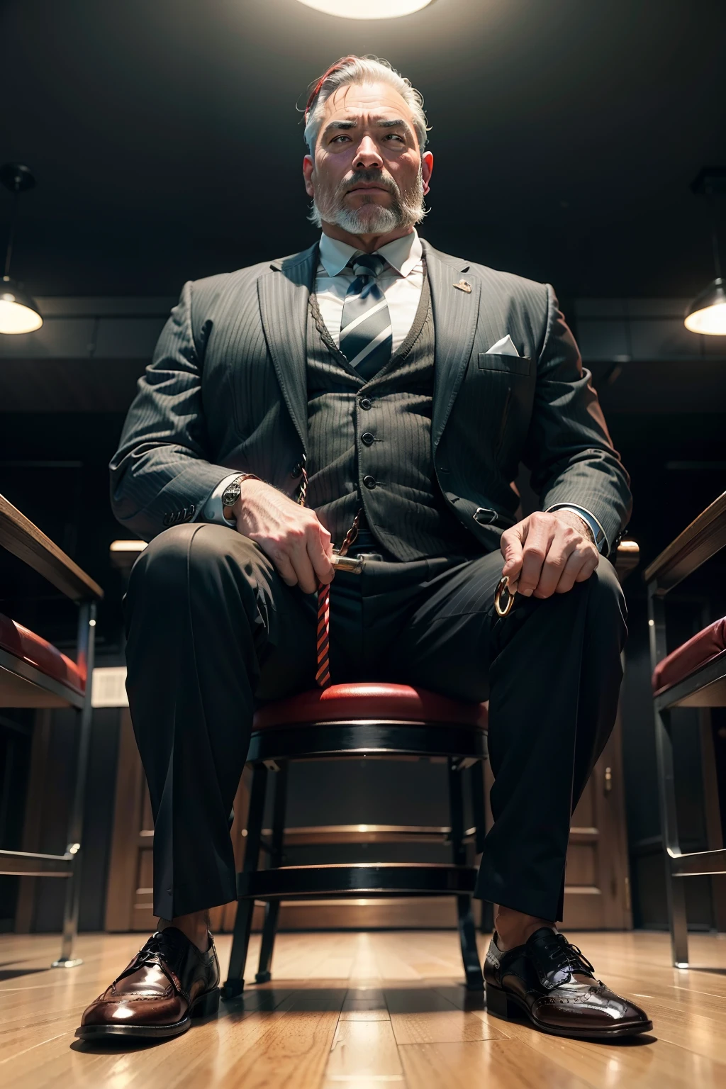 45-year-old middle-aged man，Man，grampa，Height 195，Asian people，Sit on a metal throne hair，God perspective，The eyes are about to face each other，Chinese men，musculature，Lift one foot，Wearing a black and white striped suit，red necktie，Wearing a red trench coat，Black socks，Brown oxford shoes，Cord，Chains，Ferocious and ferocious，Background in the club，Hold a cane in your hand