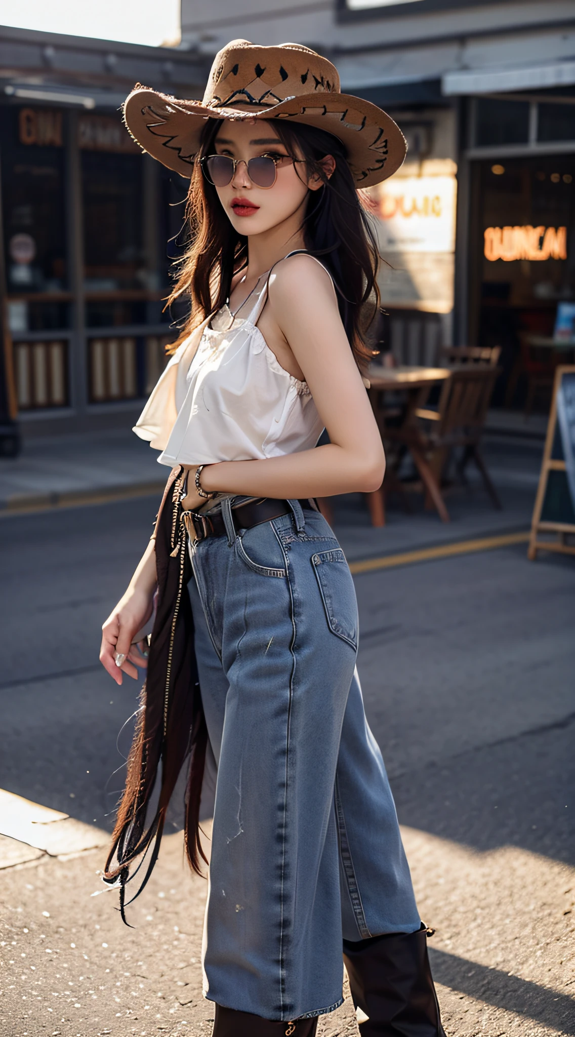 4K Ultra HD, Best quality, A girl, Good face, sun glasses, Detailed lips, Long hair, Straight hair, Wear denim clothing, Cowboy hat, Blurred background, Relaxed atmosphere, Full body capture,