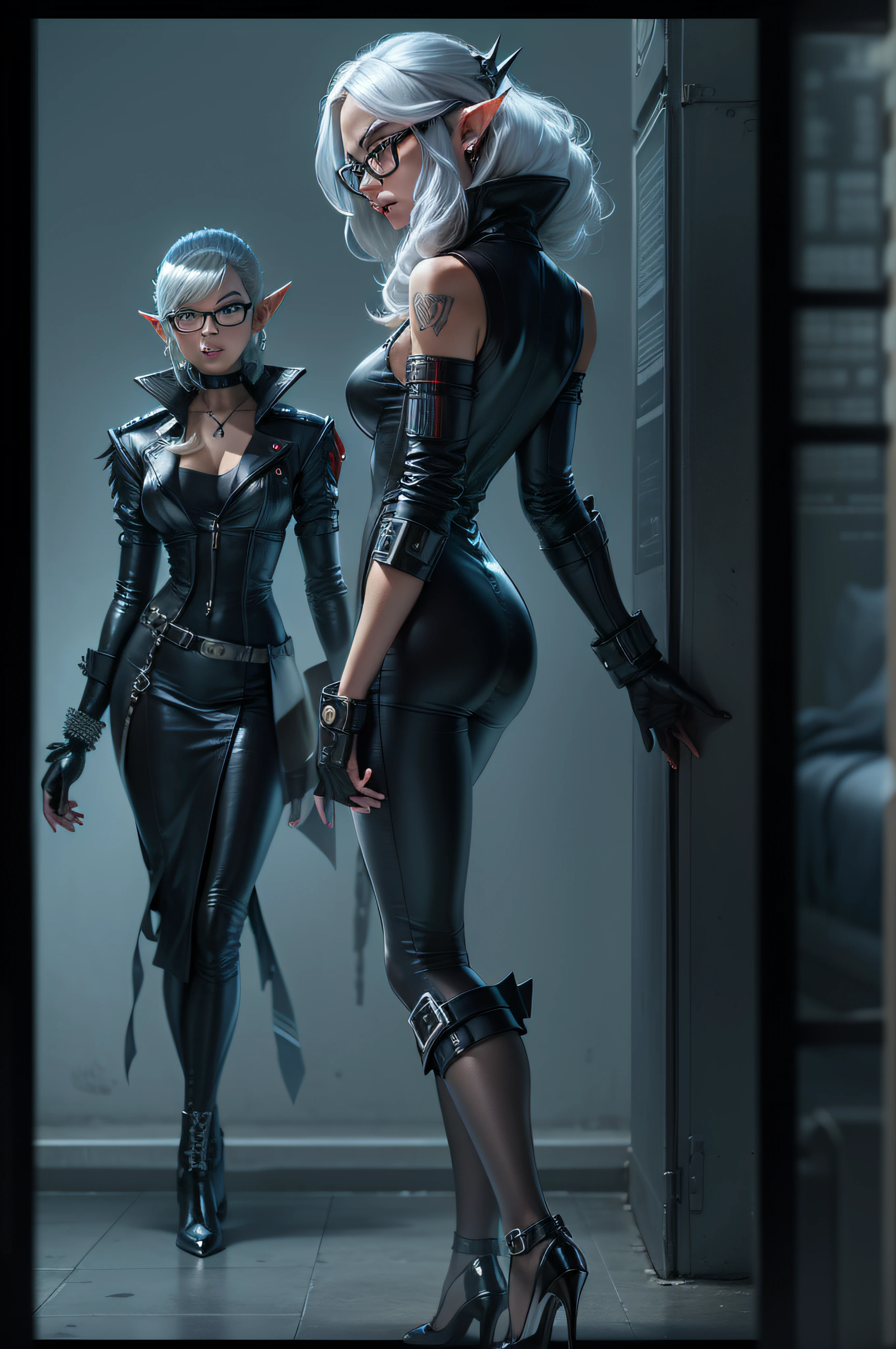(pointy ears: 1.8), full body view, hyperrealism, female drow in extreme sexy cyberpunk style black leather secretary dress, Silver Chrome Metal Square Rectangular eyeglasses, pointed ears
