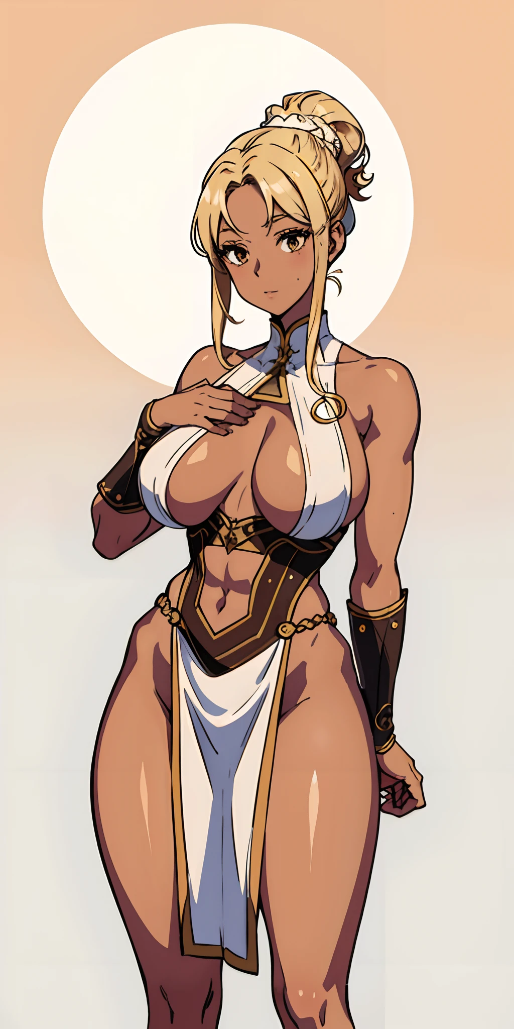 (top-quality、masterpiece)、1girl in、a blond、A stunning、(((barechested)))、(((Brown skin tone)))、sun burn、(((Colossal tits)))、large full breasts、Sheer areol、Beautiful woman with perfect body shape:1.4、Slender Abs:1.2、Highly detailed facial and skin texture、A detailed eye、二重まぶた