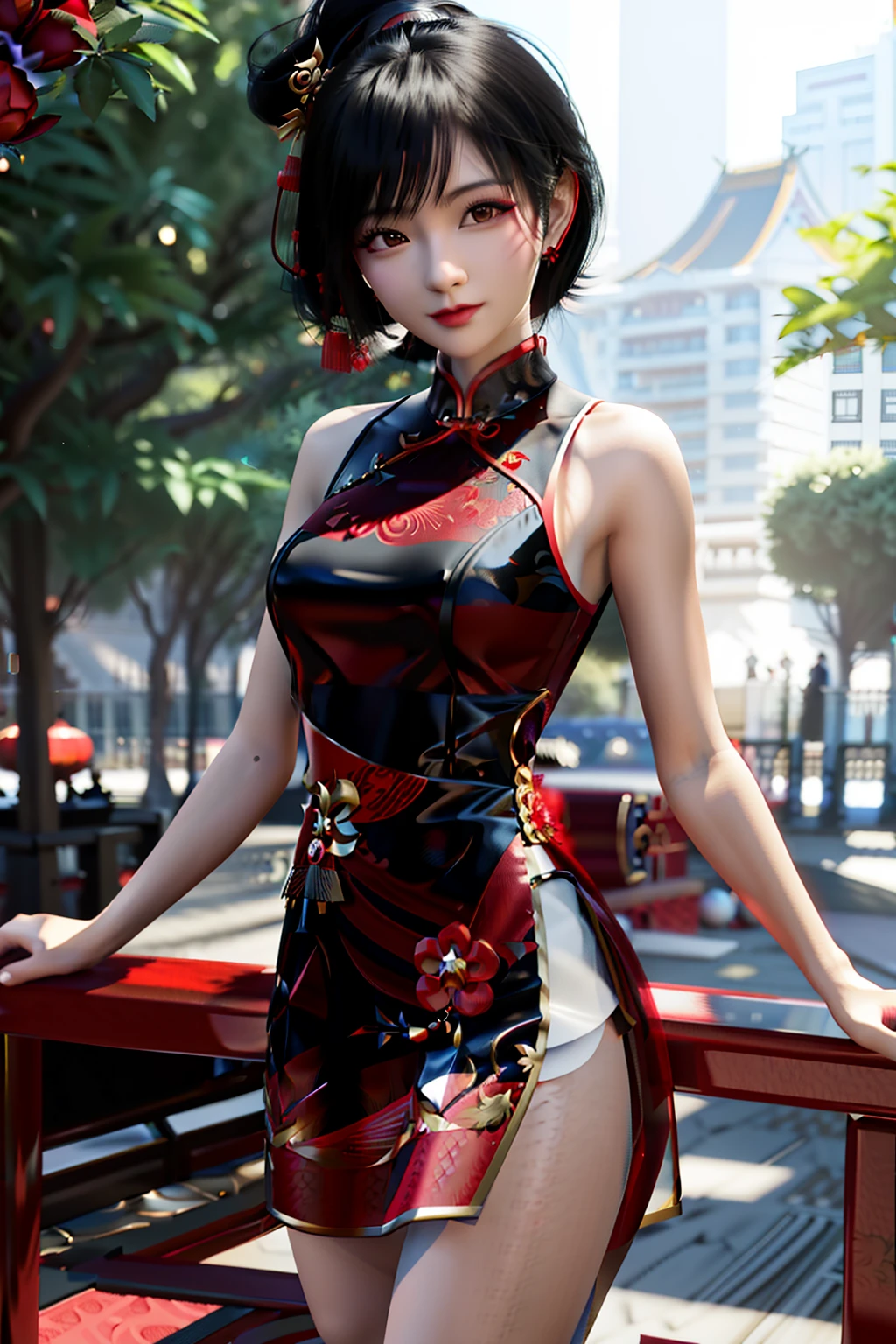 there is a woman in a black and red dress posing for a picture, Chinese girl, Chinese dress, Ross Tran 8 K, 3 D rendering character art 8 K, Beautiful digital artwork, trending on cgstation, 3 d anime realistic, Cheongsam, photorealistic anime girl rendering, chengwei pan on artstation, high definition cgsociety