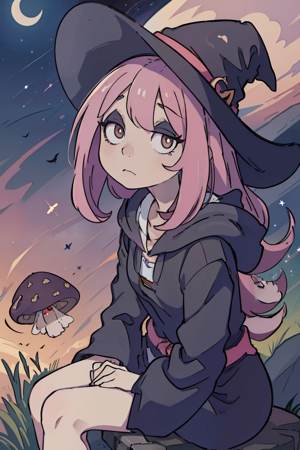 masterpiece,best quality,high quality, best quality, 4k,8k,Sucy Manbavaran, witch hat, dull pink hair, night sky, stars, hair over eye, illustration,anime style, pale skin, droopy eyes, sleepy expression, curvy, sitting on rock, field of mushrooms, hands at side,anmnr, anime artstyle, bags under eyes, 1girl,solo, black hoodie, closeup, tired expression