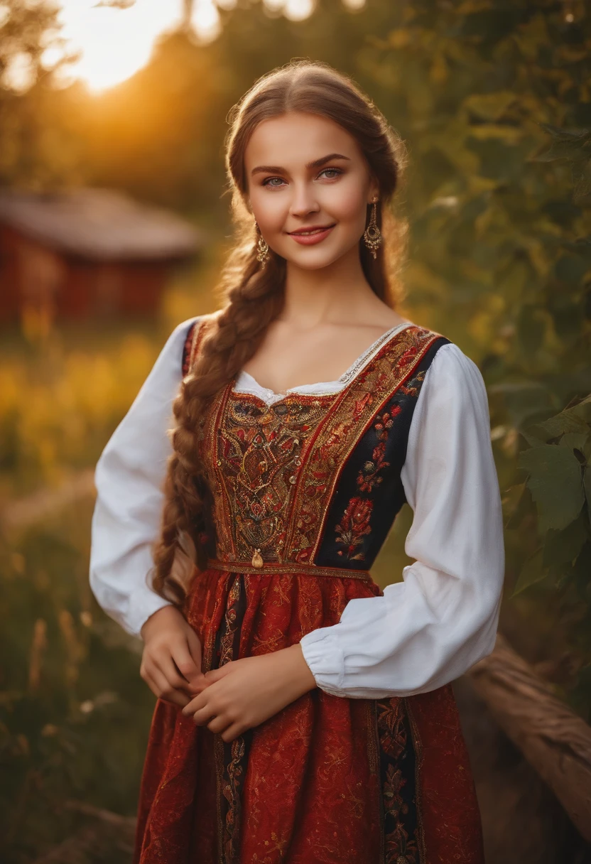 Best quality, 8K, realistic, photo, one Russian girl, 18 years old, big breasts, best shape of body, in Russian traditional dress, facing camera, smile, sunny day, in a village.