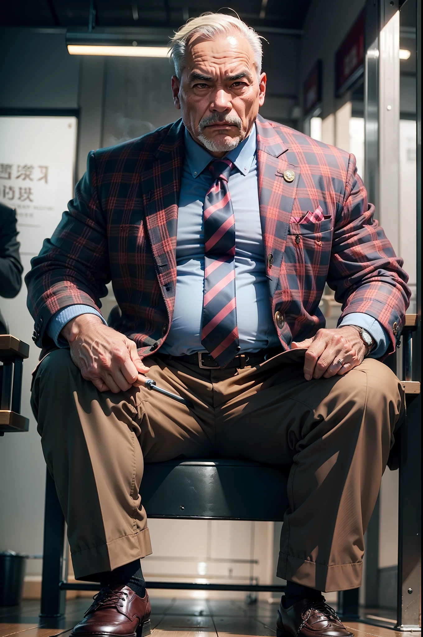 55-year-old middle-aged man，Man，grampa，Height 195，Asian people，Sit at an iron smoky angle，The eyes are about to face each other，Chinese men，musculature，Lift one foot，Wearing a red plaid suit，Pink plaid tie，Red coat，Black socks，Brown oxford shoes，Cord，Chains，Ferocious and ferocious，Club background，Holding a steel pipe in his hand