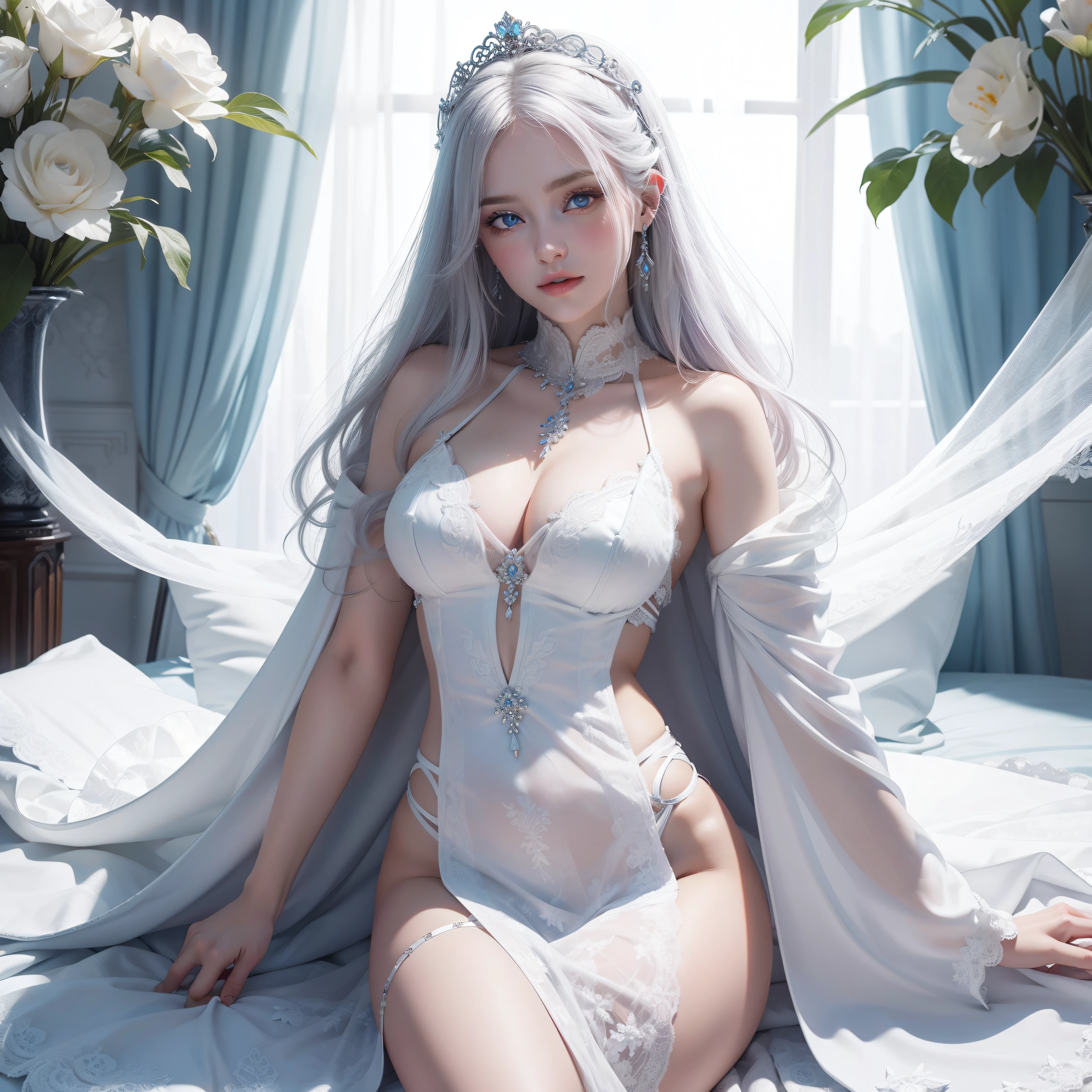 White goddess blue eyes in human shape、beautiful body of a flower of a very attractive age with white pubic hair,,Wearing a white dress,