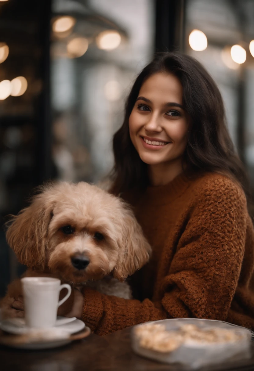 Cute black long straight hair brown eyes round face girl wearing brown sweater sitting in café drinking coffee, Sunset, toothy smile without bangs, holding a poodle puppy in your arms