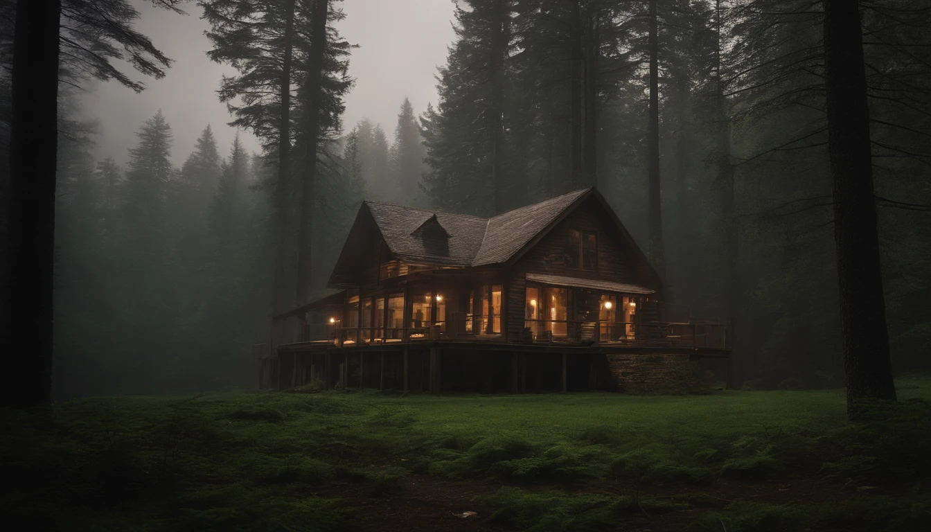 A room with a bed, large windows, with a beautiful forest outside, with rain and thund.
