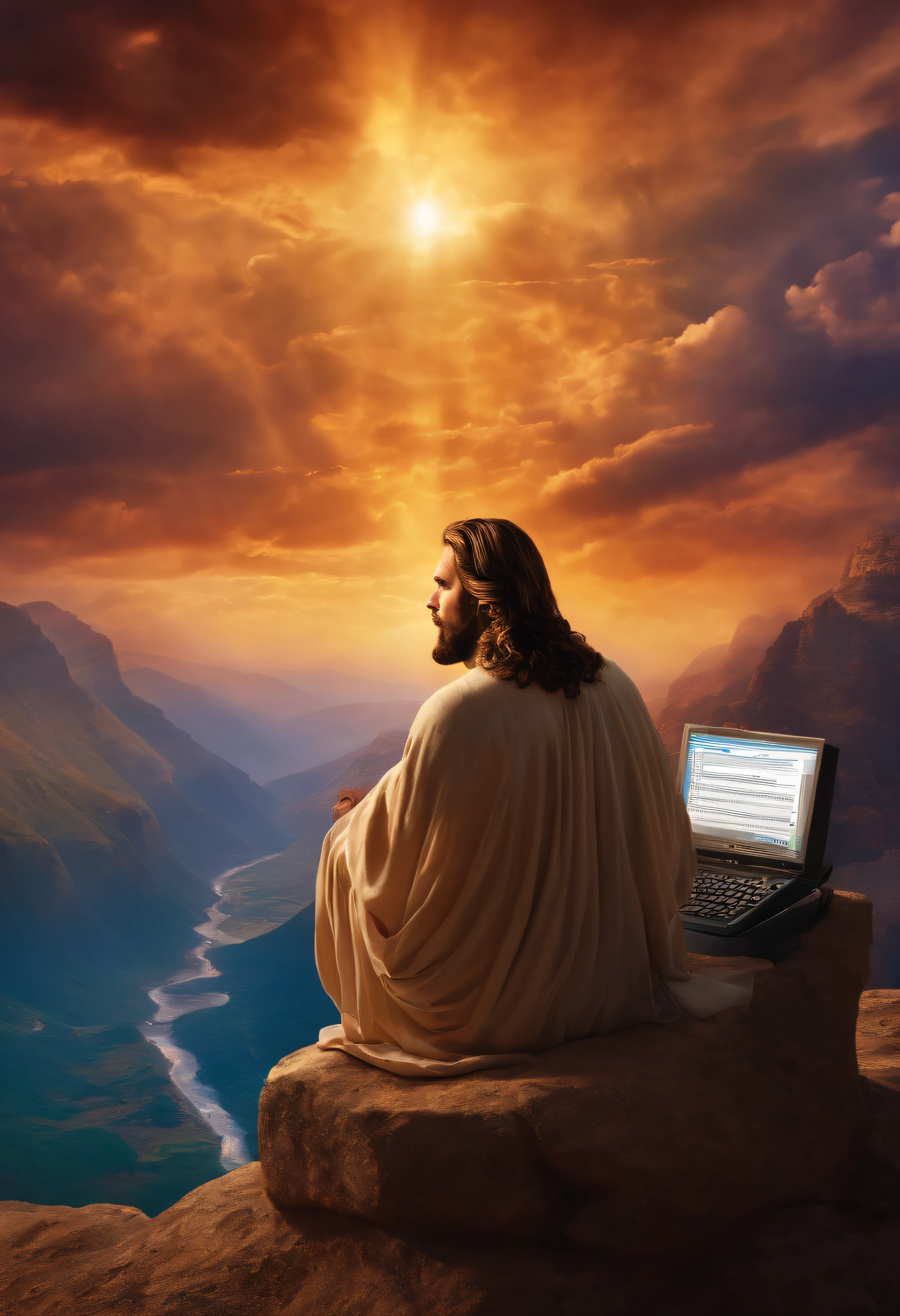 Describe a scene in which God is represented as Jesus, Sitting in front of a computer typing on the computer keyboard, creating the world in the background of the image