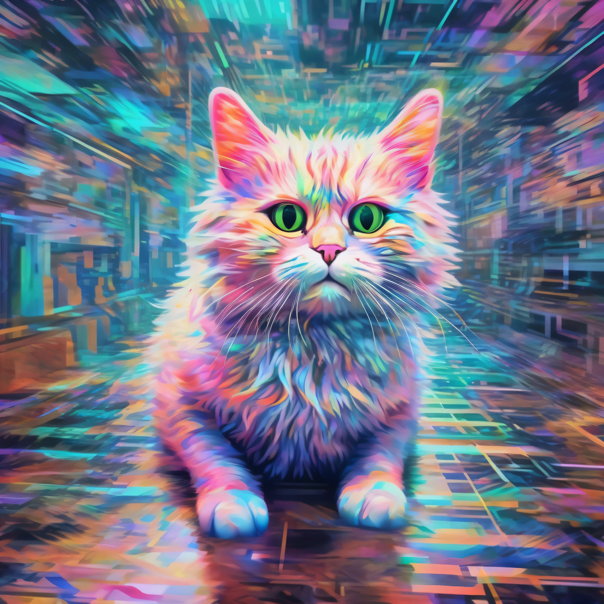 Sea Art's AI-generated painting is a fascinating image of an NFT hologram meme of a cat, que ilustra a cultura popular e a tecnologia de ponta. Nessa obra de arte, Creativity and artificial intelligence combine to create an exciting visual experience.

The NFT hologram meme of a cat is made up of a set of distorted and colorful images that merge to create a single image. The constant movement of the images creates a sense of dynamism and unpredictability, while the vibrant colors evoke a sense of energy and vitality.

The character of the meme is the main focus of the hologram, with his exaggerated and funny expression. Uma Gata engracada. She is depicted with a party hat and a pair of sunglasses, o que acrescenta um toque de humor ao holograma. Its cartoonish and distorted appearance is so captivating that it is impossible not to feel attracted to the image.

Os detalhes da pintura, like the texture of the party hat and the glow of sunglasses, show the technical skill of Sea Art's AI. The combination of popular culture elements with cutting-edge technology makes this painting truly unique.

This holographic image of a cat, um meme NFT, offers a new dimension to our understanding of technology and popular culture.. It reminds us that technology can be used to create and convey ideas and emotions in a completely new way. Ao contemplar essa obra de arte, We are invited to reflect on the creative intersection between popular culture and technology, e imaginar o que o futuro pode trazer;.