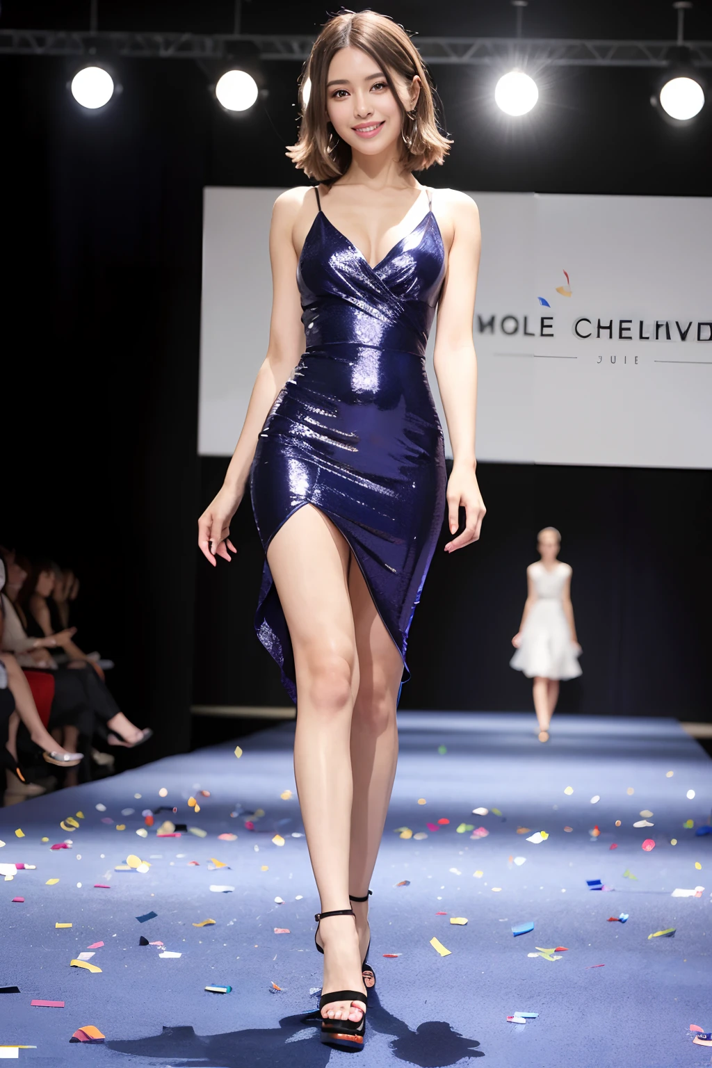1girl in, (Smile:1.6) ,stunningly beautiful girl, full body Esbian,Haute_Couture, designer dress, high-heels,high fashion, dynamic ungle, fashionshow, (Indoor runway:1.4),Long shaped face, beautiful countenance, darkred eyes, Sandy Blonde Side Sweep Hair, Short hair, Long ringlet, catwalk,Red carpet,Colorful confetti, Vivid colors, masutepiece, Best Quality, absurderes, Highest Quality, Amazing details, 8K, Aesthetic,Perfect Lighting,