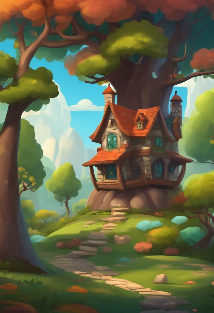 Equidistant house in the background, Cartoon house,Woods cartoon, fanciful, Mobile game stone,The tree, Suspended in the air