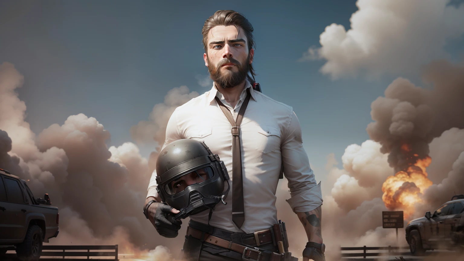 Background PUBG, gun in back, similar face, handsome beard guy