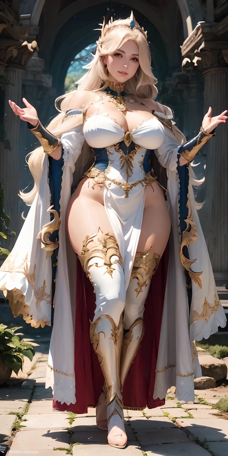 A costumed woman is posing for a photo, cosplay ornamentado, Deusa loira, ((uma bela imperatriz fantasia)), deusa anime, cosplay glamouroso, cosplay glamouroso elegante, uma bela imperatriz fantasia, armadura impressionante, Tiro gigante impressionante da deusa, tiro extremamente detalhado da deusa, traje de fantasia, intrincada armadura branca e dourada, armadura branca e dourada pesada, traje bonito