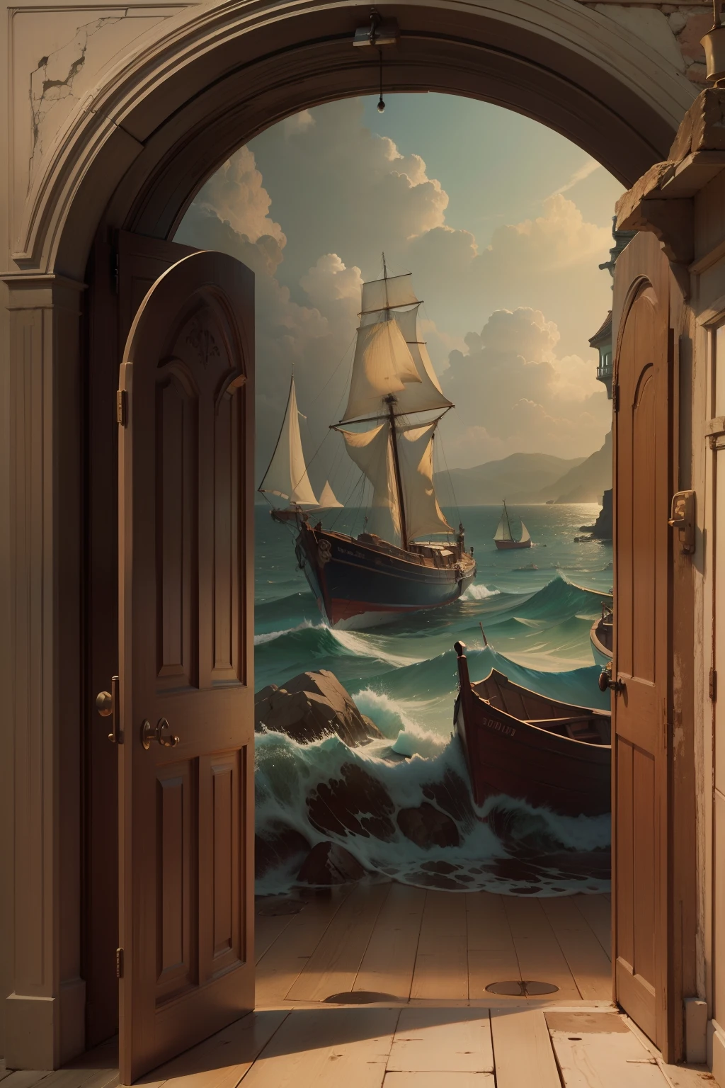 Sea landscape with boats seen through a tall, rounded door