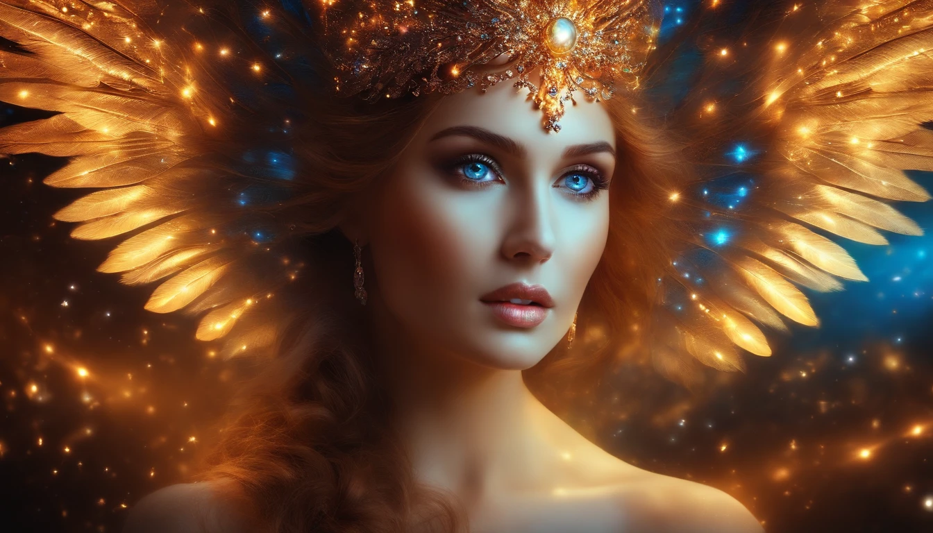 cosmic angel, olhos claros brilhantes, cores muito brilhantes, light particles, com luz brilhante, Mshiff, Arte do papel de parede, Papel de parede UHD