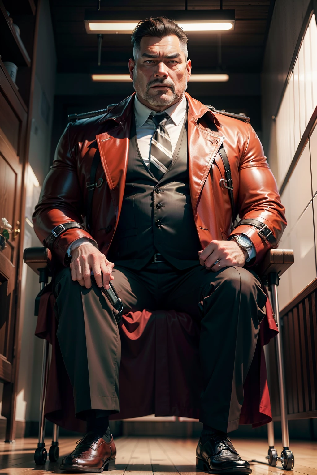 45-year-old middle-aged man，Man，grampa，Height 195，Asian people，Sit on the metal throne，God perspective，The eyes are about to face each other，Chinese men，musculature，Lift one foot，Wearing a black and white striped suit，Black and white striped trousers，red necktie，Wears a long red trench coat，Black socks，Brown oxford shoes，Cord，Ferocious and ferocious，Club background，With crutches in hand