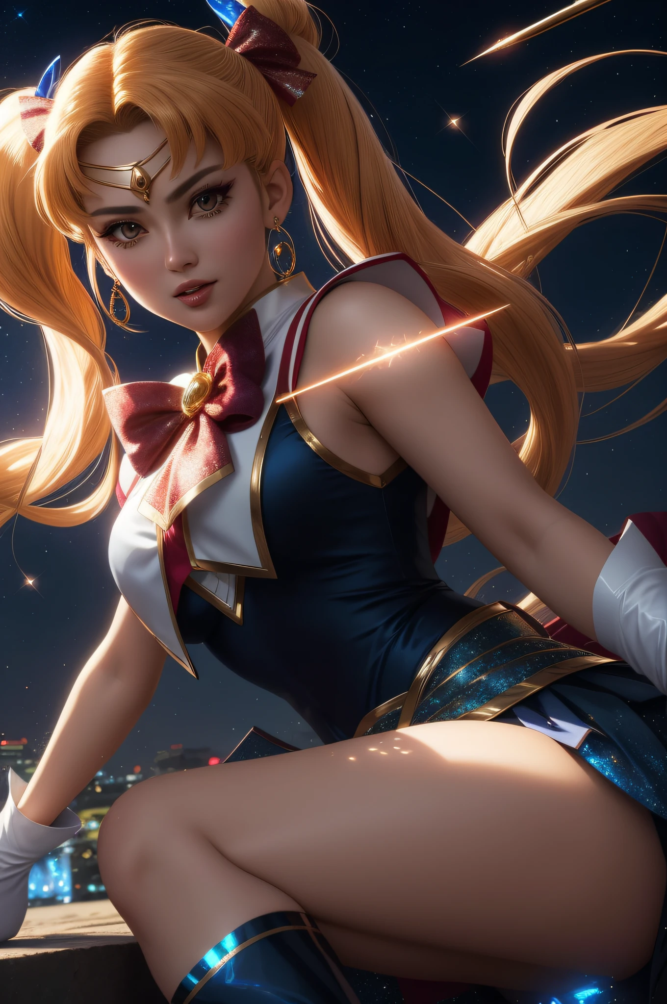 Arti modern anime. angled view, closeup action portrait beautiful mature "Sailor moon" as an mature 30 year old adult lady, fighting a shadow monster, rough battle fight scene, long golden blonde pigtails, magic transforming scene, holding a magical and powerful heart sceptre, leaning forward, slim body, highly ornamented and detailed "glitter crystal clothing details", ("blue skirt"), ("red chest bow"), ("white gloves"), angle, "knee high heel boots", depth of field blur effect, night, photorealistic. cinematic lighting, highly detailed. best quality, 4k, Better hand, perfect anatomy, aggressive coy flirty focused expression, flat chested, highly ornamented clothing, fight battle pose, surrounded by star dust sparkling around her, red ribbons spinning around body, bright light from forehead, stars in the background, bend knees, magic powerful light glowing from body, magical ribbons, turning, face sitting angle, stepping, in Tokyo city as a battlefield war zone