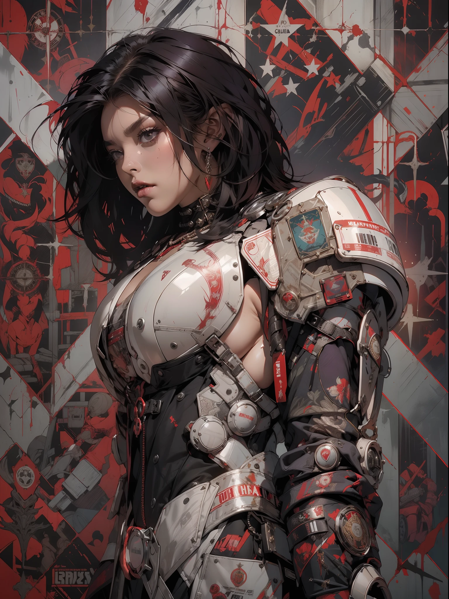 (((mulher))), (((melhor qualidade))), (((obra prima))), (((adulto))), (((1girl))), ((( corte de cabelo bob ))), Uma gladiadora cyberpunk mulher de 25 anos com corpo perfeito, shoulder pads with metal spines, Gladiadores do Brooklyn, (( corte de cabelo bob )), tiny leather panties, camiseta de time de rugby rasgada, quase nua no estilo selvagem urbano de Simon Bisley para a capa da revista Heavy Metal, Cabelo loiro curto, Minimum clothing, Metal protection on the left arm with intricate graphics, Dark red with white stars and white and violet checkerboard pattern, armadura, cheio de pontas e rebites, (((do joelho pra cima))), cabelos loiro branco curto, no fundo uma parede pintada por Shepard Fairey com um design intrincado