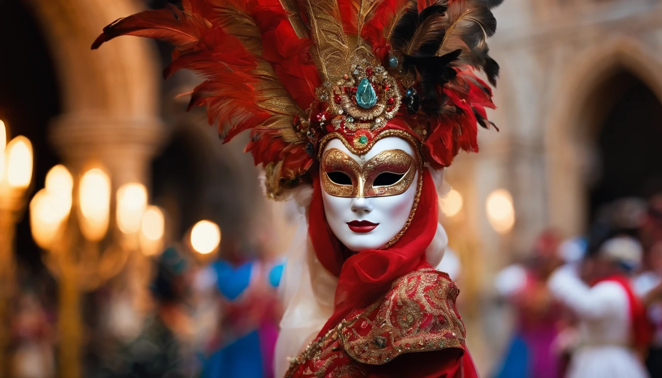 /imagine prompt: In the heart of a Venetian carnival, a masked reveler with eyes like galaxies dances gracefully, surrounded by a sea of vibrant costumes and mysterious masks, Whimsical chaos and enchantment, Impressionist painting with lively brushstrokes,
