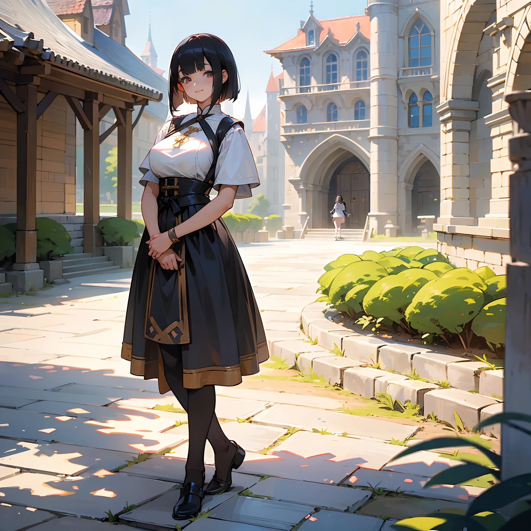 With the best image quality、 girl standing alone outdoors。In high resolution、Beautiful fine details、tranquil atmosphere。((Black Hair Bob Hair))、Cute smile。(((breasts are large)))、I don't have anything in my hands、realistic hand、Medieval European national costume with short sleeves、Medieval European Streets、Leather shoes。