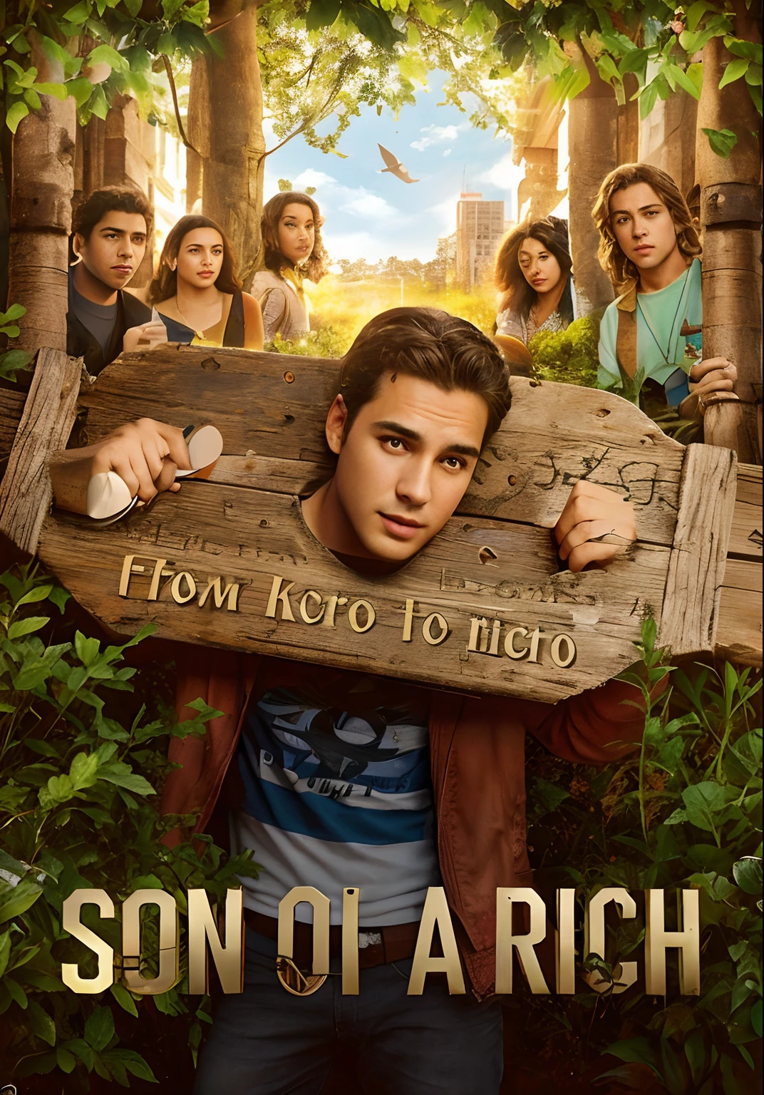 Cartaz de um jovem homem mimado riquinho segurando uma placa na frente de um grupo de pessoas, cartaz oficial, imagem promocional do filme, movie poster, som, Film Poster, filme live action, cartaz promocional do filme, Personage poster, Poster de filme mais vendido, arte chave, persomagem do cartaz do filme, movie premiere poster, 3 4 5 3 1, full poster, filme live action 4k realistic