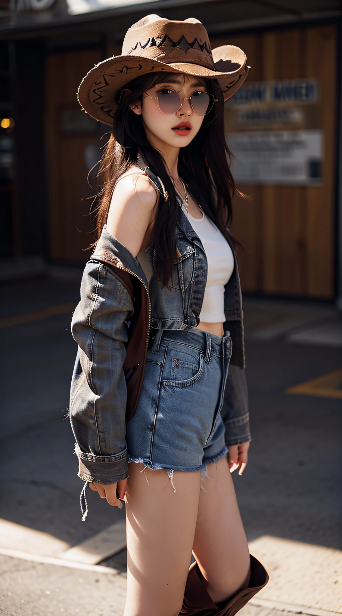 4K Ultra HD, Best quality, A girl, Good face, sun glasses, Detailed lips, Long hair, Straight hair, Wear denim clothing, Cowboy hat, Blurred background, Relaxed atmosphere, Full body capture,