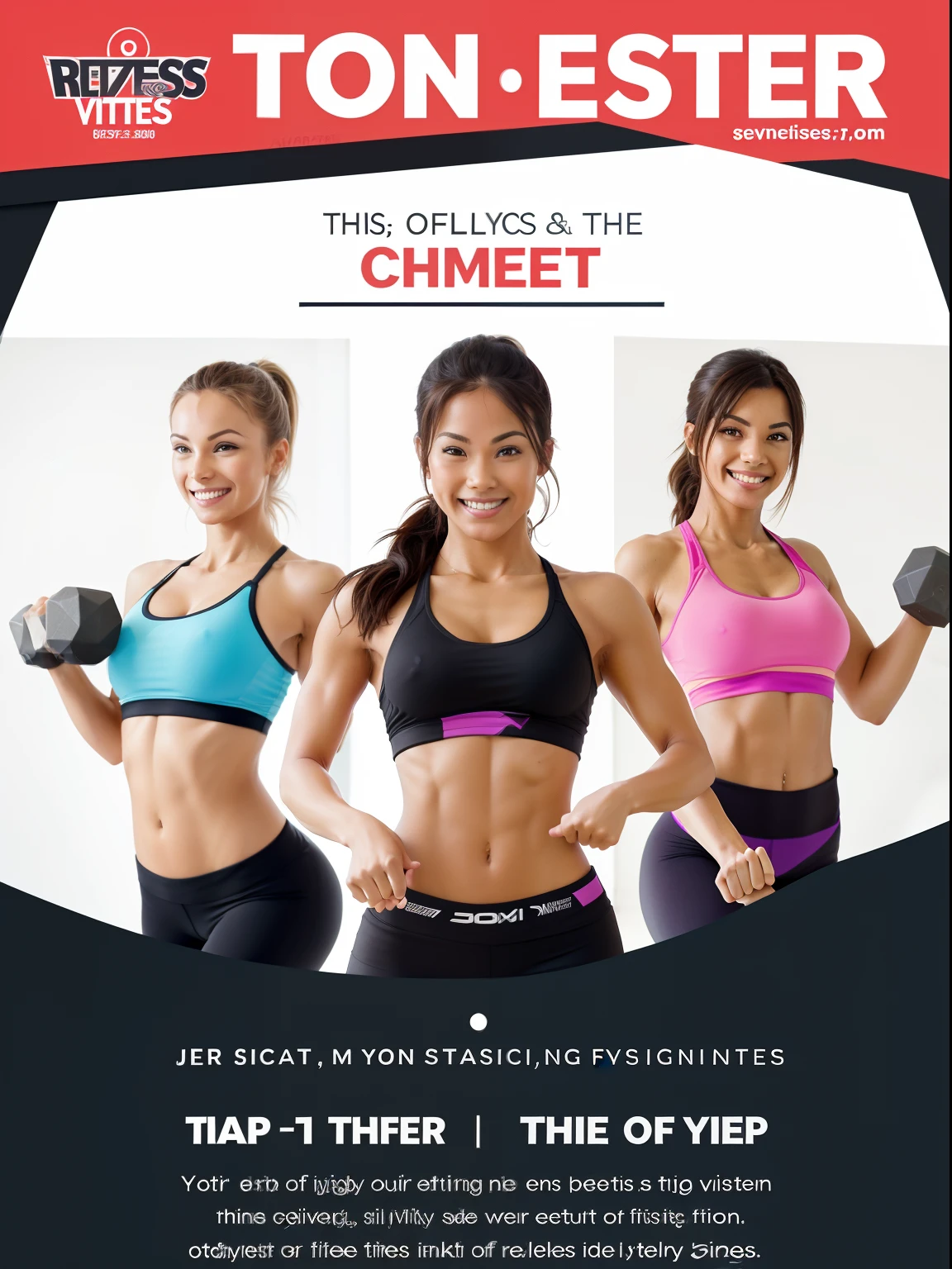The design of the flyer should reflect the dynamics and enthusiasm of fitness classes, and emphasizing concern for health and well-being. Top of the flyer: Visually appealing logo or fitness studio name in large white letters on a contrasting background.
The central part of the flyer: Photos of happy participants in fitness classes with emotion, focusing on joy and activity.
The bottom of the flyer: Lesson Details, including days, time, Place, contact information and links to social media or the website to register and receive more information.
Additional elements: Graphic images of various types of fitness, For example, dumbbells, yoga mats or exercise machines, to emphasize the diversity of activities.