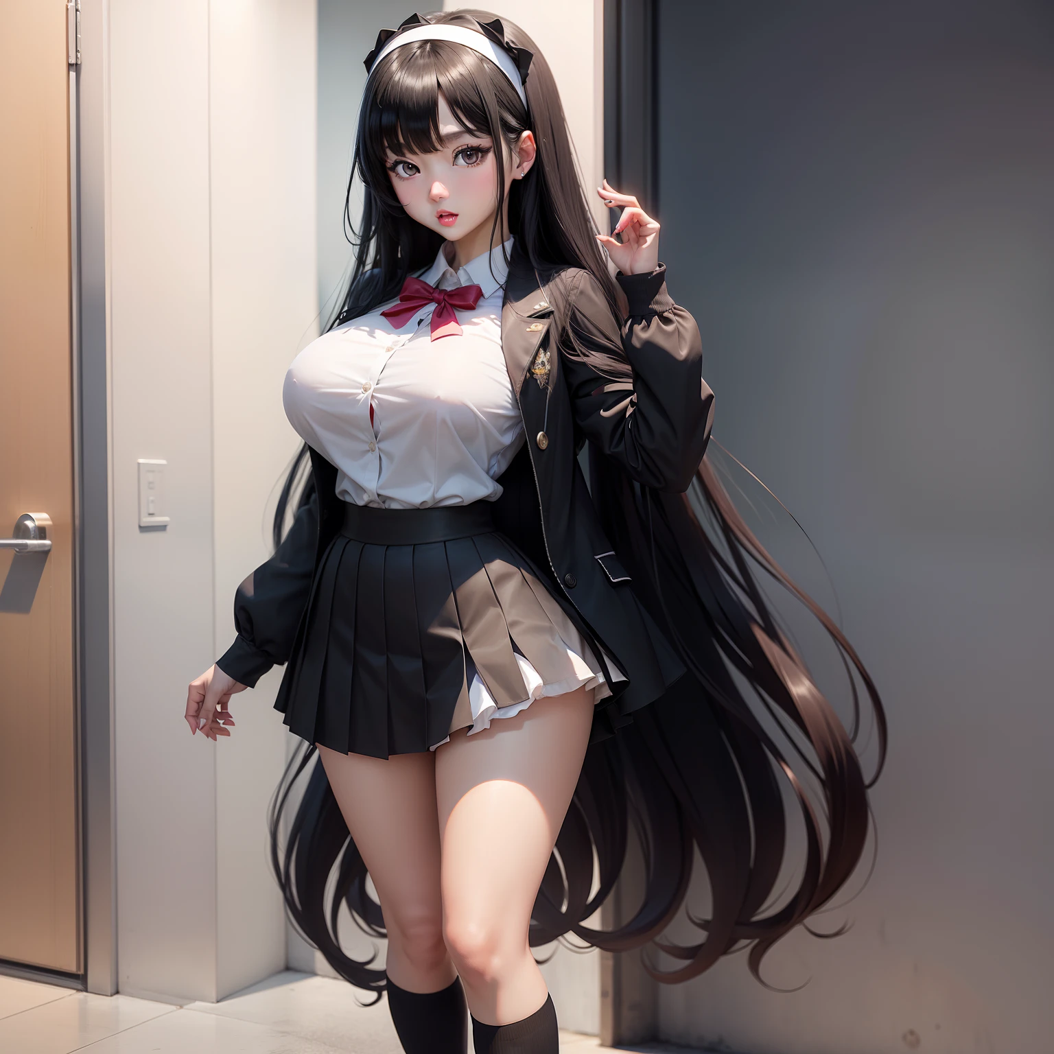 Black Straight Hair Idol、full body Esbian、High school girl uniform、Looks fun、rather large breasts、A tall、Good Style、White headband