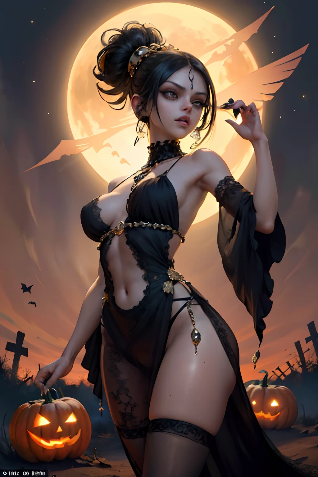 (masterpiece:1.2, best quality), Preteen fairy gothic Mila Kunis. dark spooky background, skeletons walking, trees without leaves, spooky atmosphere, Halloween pumpkins, Halloween, haunted, huge breasts, (Dynamic posture), (shiny skin, darkskin), black dress, (Sahara Desert), black ponytail, bangs, (jewellery, gold ornament:1.15), big pelvis