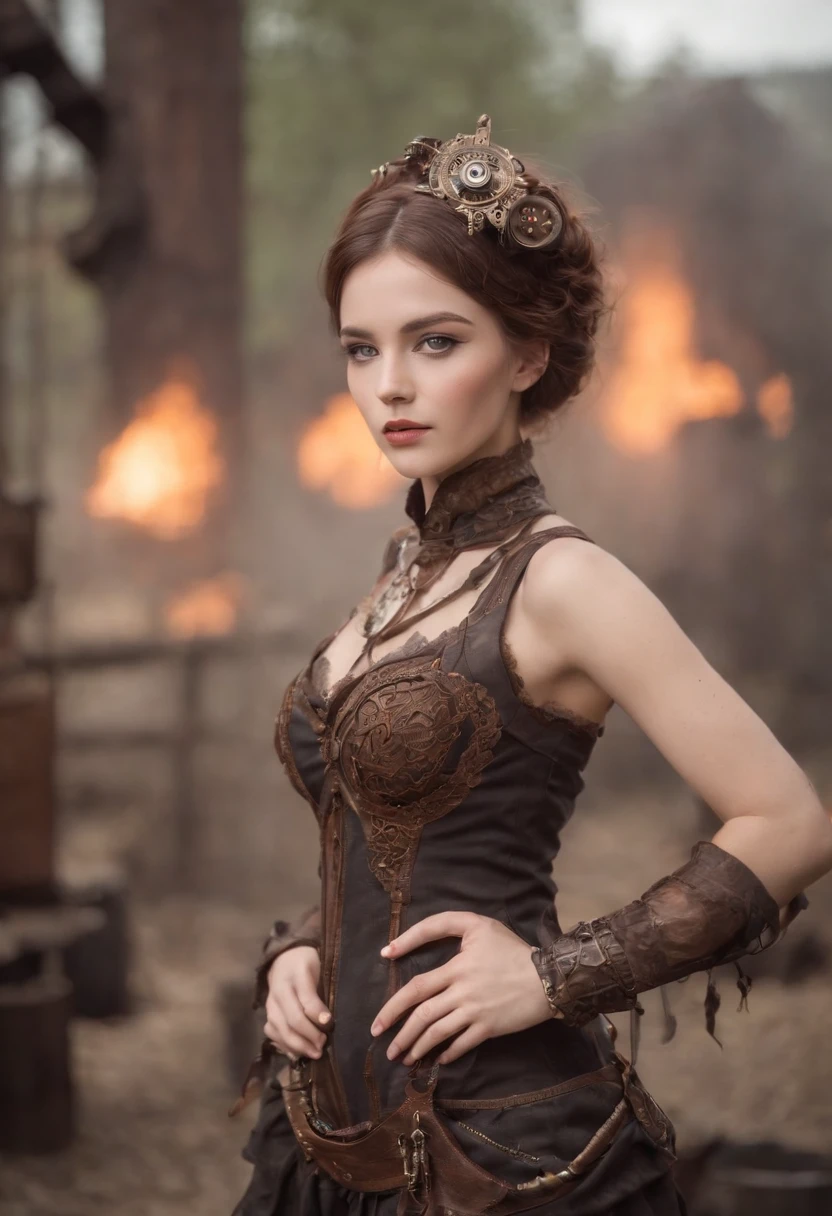 Background Industrial Zone、chimney、steam、Steam engines、steampunc、Steampunk Body、semi nude、bewitching、Full body posture、skeletal、Machine body、Gear device、Karakuri doll、Industrial Revolution、Russian woman、drooing eyes、Short hairstyle、Little fat girl、sulky face、half 、nudde、small ass、bontage