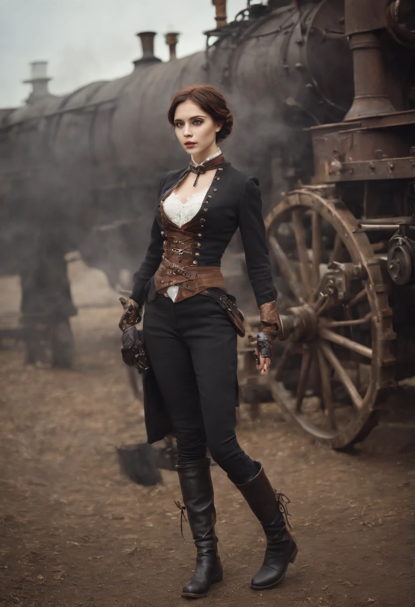 Background Industrial Zone、chimney、steam、Steam engines、steampunc、Steampunk Body、semi nude、bewitching、Full body posture、skeletal、Machine body、Gear device、Karakuri doll、Industrial Revolution、Russian woman、drooing eyes、Short hairstyle、Little fat girl、sulky face、half 、nudde、small ass、bontage