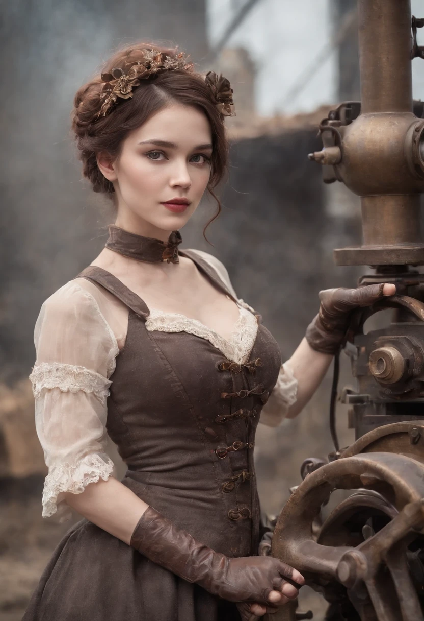 Background Industrial Zone、chimney、steam、Steam engines、steampunc、Steampunk Body、semi nude、bewitching、Full body posture、skeletal、Machine body、Gear device、Karakuri doll、Industrial Revolution、Russian woman、drooing eyes、Short hairstyle、Little fat girl、sulky face、half 、nudde、small ass、bontage